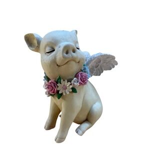 Flying Pig Angel Figurine with Floral Collar Cream Statue Wings Roses Daisies